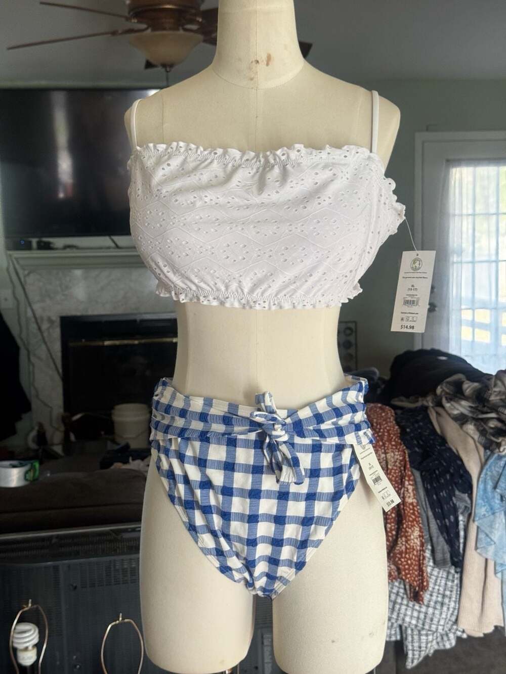 No Boundaries White Eyelet Bandeau Bikini Top and Gingham High Waist Bottoms Set